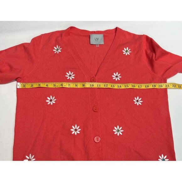 Liv Milano Coral Pink Cardigan Sweater Size M V Neck Flower Embellished Soft - Picture 7 of 13